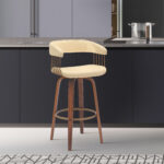 31 Inch Cream and Wood Brown Swivel Bar Stool