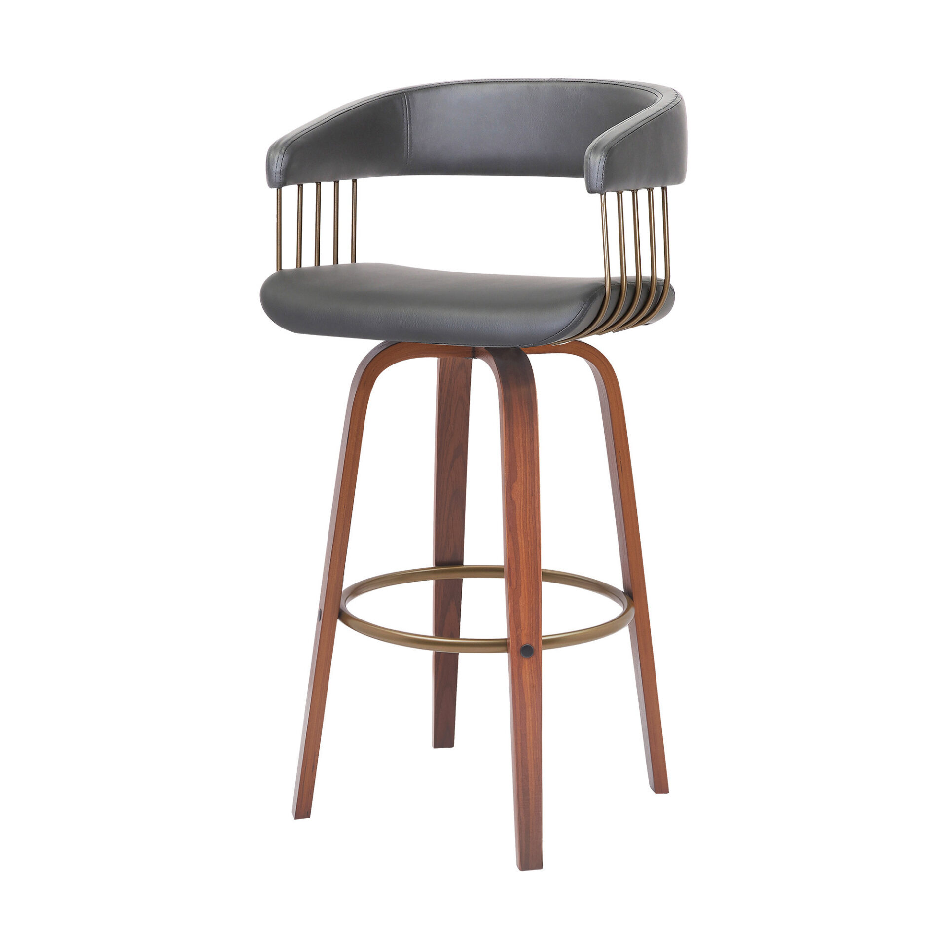 31-Inch Gray and Wood Brown Faux Leather Swivel Bar Stool 5 31-Inch Gray and Wood Brown Faux Leather Swivel Bar Stool - Image 5