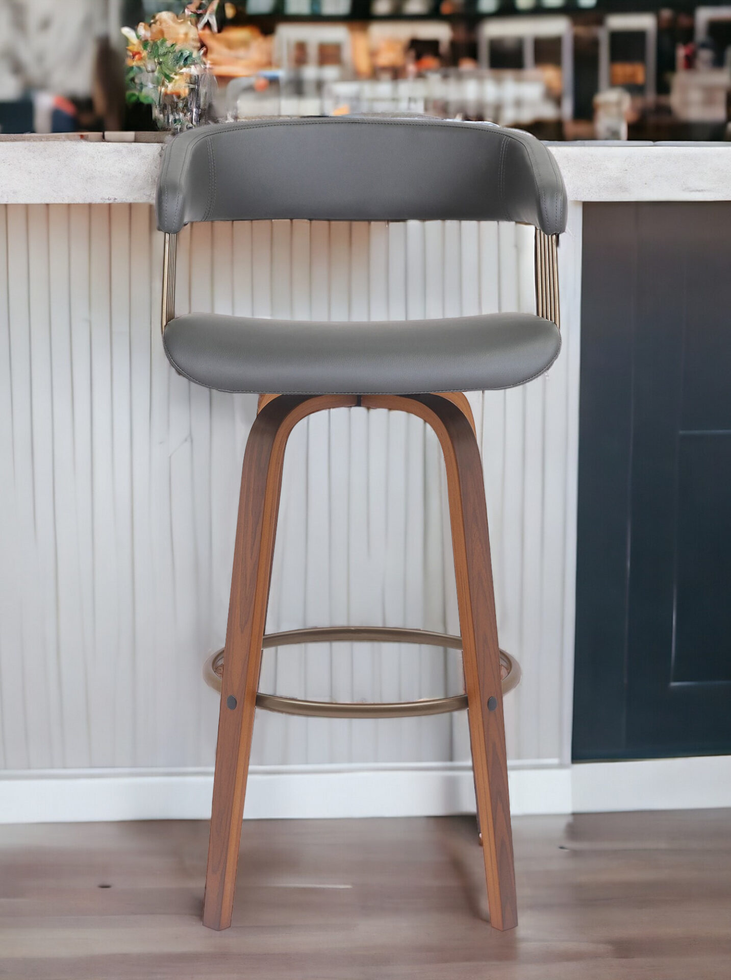 31-Inch Gray and Wood Brown Faux Leather Swivel Bar Stool 1 31-Inch Gray and Wood Brown Faux Leather Swivel Bar Stool