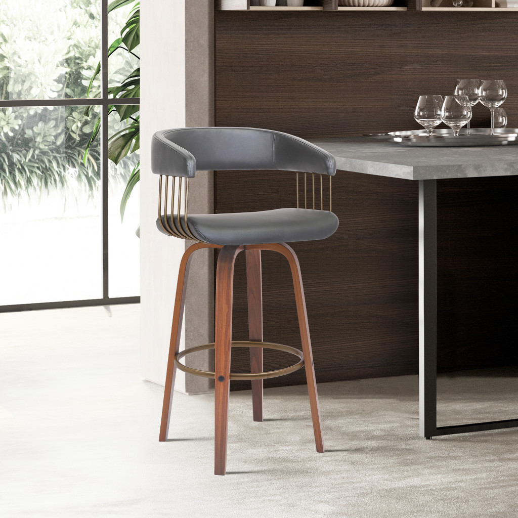 31-Inch Gray and Wood Brown Faux Leather Swivel Bar Stool 9 31-Inch Gray and Wood Brown Faux Leather Swivel Bar Stool - Image 9