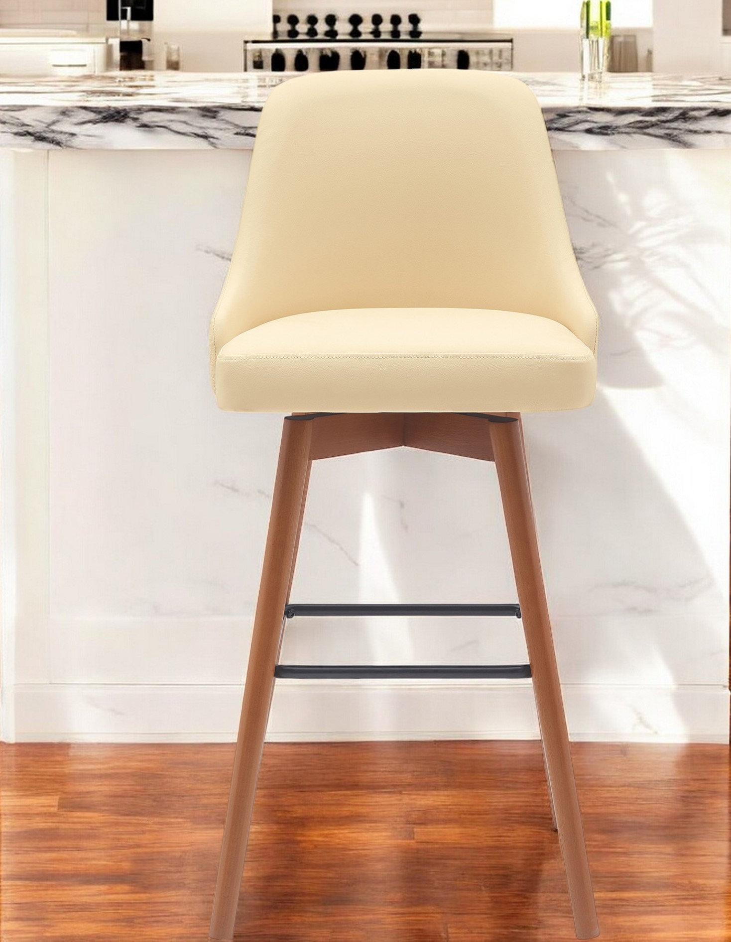 30 Inch Cream and Wood Brown Swivel Bar Stool with Footrest 2 30 Inch Cream and Wood Brown Swivel Bar Stool with Footrest - Image 2