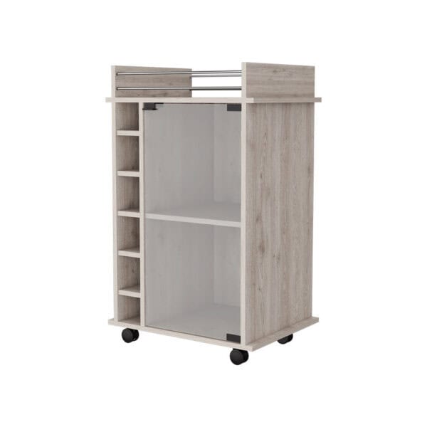 Light Gray Rolling Bar Cart With Cabinets and 6-Bottle Wine Storage