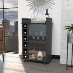 Black Rectangular Rolling Bar Cart With Wine Storage and Wheels