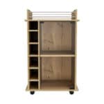 Oak Rolling Bar Cart With Cabinets and Wine Storage