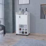 White Rectangular Rolling Bar Cart With Wine Storage and Cabinets