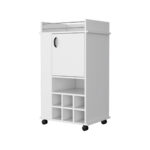 White Rectangular Rolling Bar Cart With Wine Storage and Cabinets