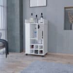 White Rectangular Rolling Bar Cart With Wine Storage and Cabinets