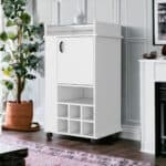 White Rectangular Rolling Bar Cart With Wine Storage and Cabinets