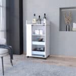 White Rolling Bar Cart With Cabinets and Built-In Wine Storage
