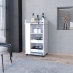 White Rolling Bar Cart With Cabinets and Built-In Wine Storage