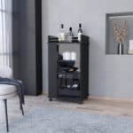 Black Rolling Bar Cart With Cabinets and Wine Storage
