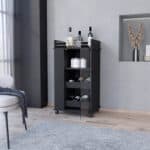 Black Rolling Bar Cart With Cabinets and Wine Storage