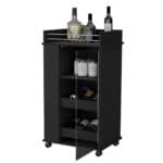 Black Rolling Bar Cart With Cabinets and Wine Storage