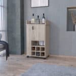 Light Gray Rolling Bar Cart With Cabinets and Wine Storage