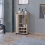 Light Gray Rolling Bar Cart With Cabinets and Wine Storage