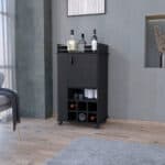 Black Rolling Bar Cart With Wine Storage and Cabinets