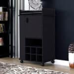Black Rolling Bar Cart With Wine Storage and Cabinets
