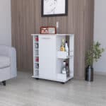 White Rolling Bar Cart with Wine Storage and Cabinets