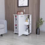 White Rolling Bar Cart with Wine Storage and Cabinets