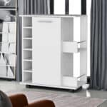 White Rolling Bar Cart with Wine Storage and Cabinets