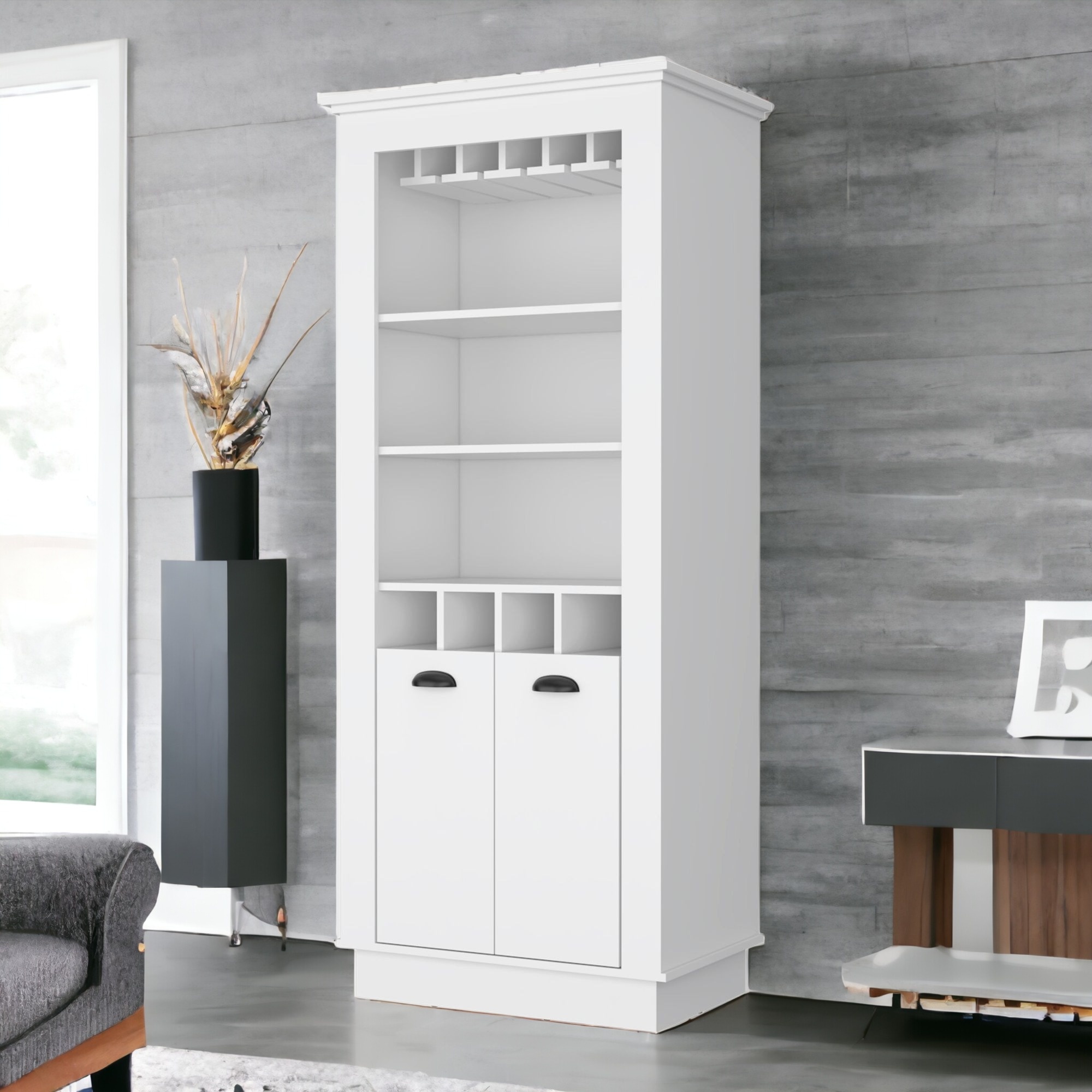 White 70-Inch Bar Cabinet With Wine Storage and Shelves 15 White 70-Inch Bar Cabinet With Wine Storage and Shelves