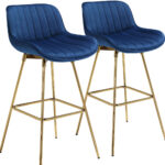 29 Inch Blue Velvet and Gold Swivel Bar Stools (Set of 2)