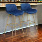 29 Inch Blue Velvet and Gold Swivel Bar Stools (Set of 2)
