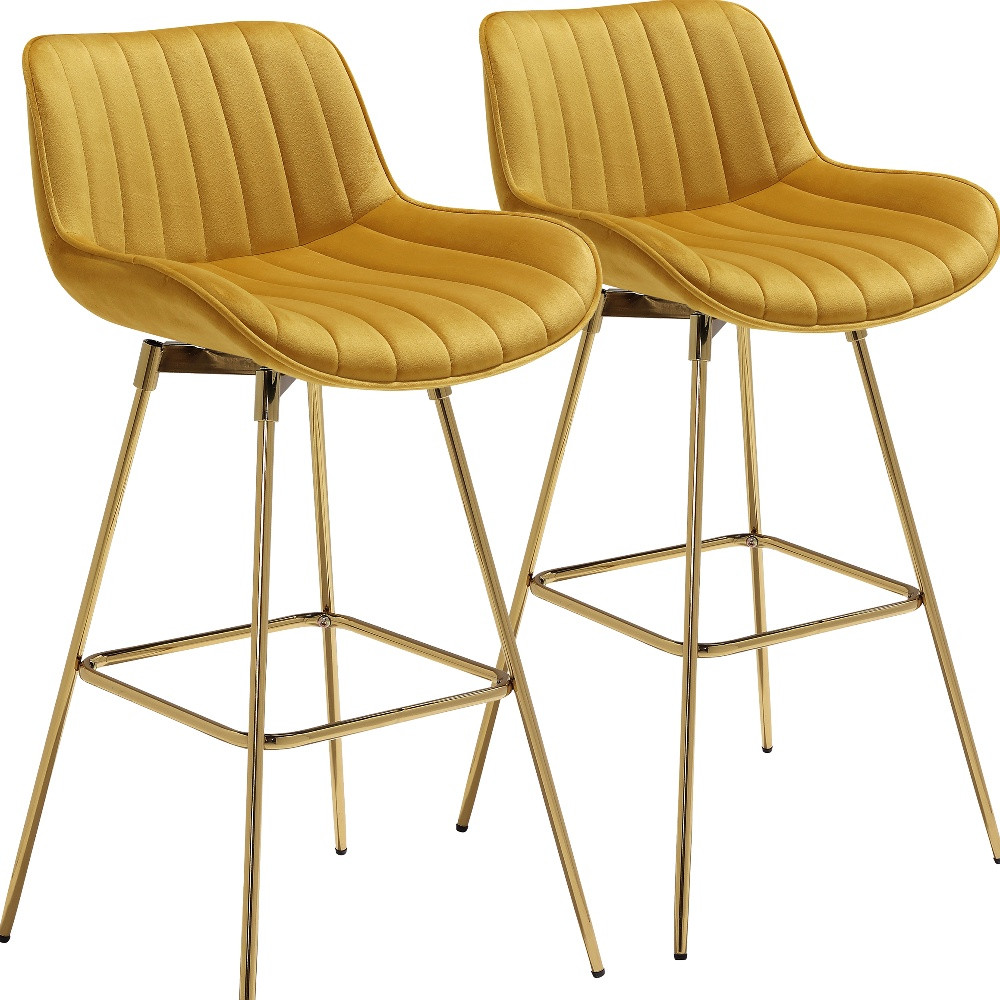 29 Inch Yellow Velvet and Gold Swivel Bar Stools (Set of 2) 3 29 Inch Yellow Velvet and Gold Swivel Bar Stools (Set of 2) - Image 3