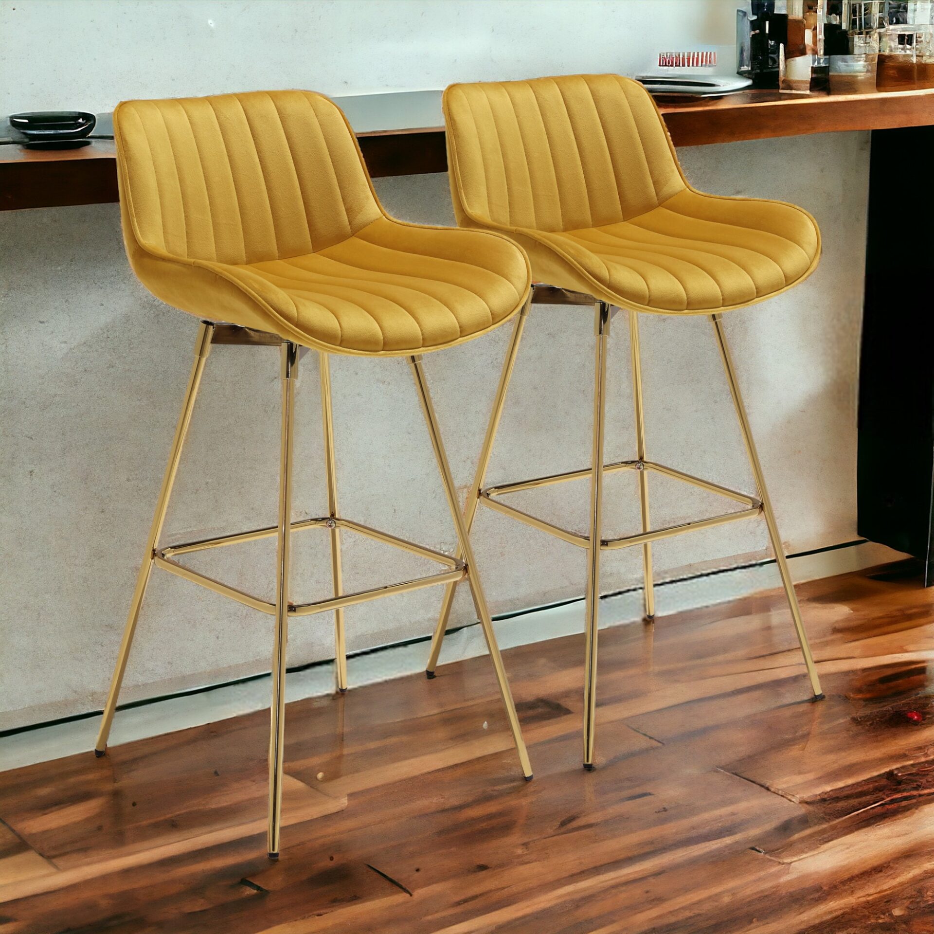 29 Inch Yellow Velvet and Gold Swivel Bar Stools (Set of 2) 1 29 Inch Yellow Velvet and Gold Swivel Bar Stools (Set of 2)