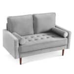 Gray and Dark Brown Velvet Loveseat with Toss Pillows