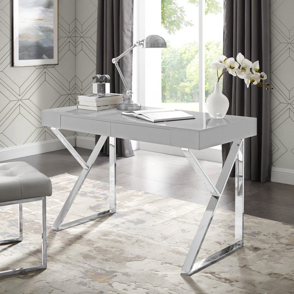 Light Gray and Silver Writing Desk With Drawers 48 Inch 8 Light Gray and Silver Writing Desk With Drawers 48 Inch - Image 8
