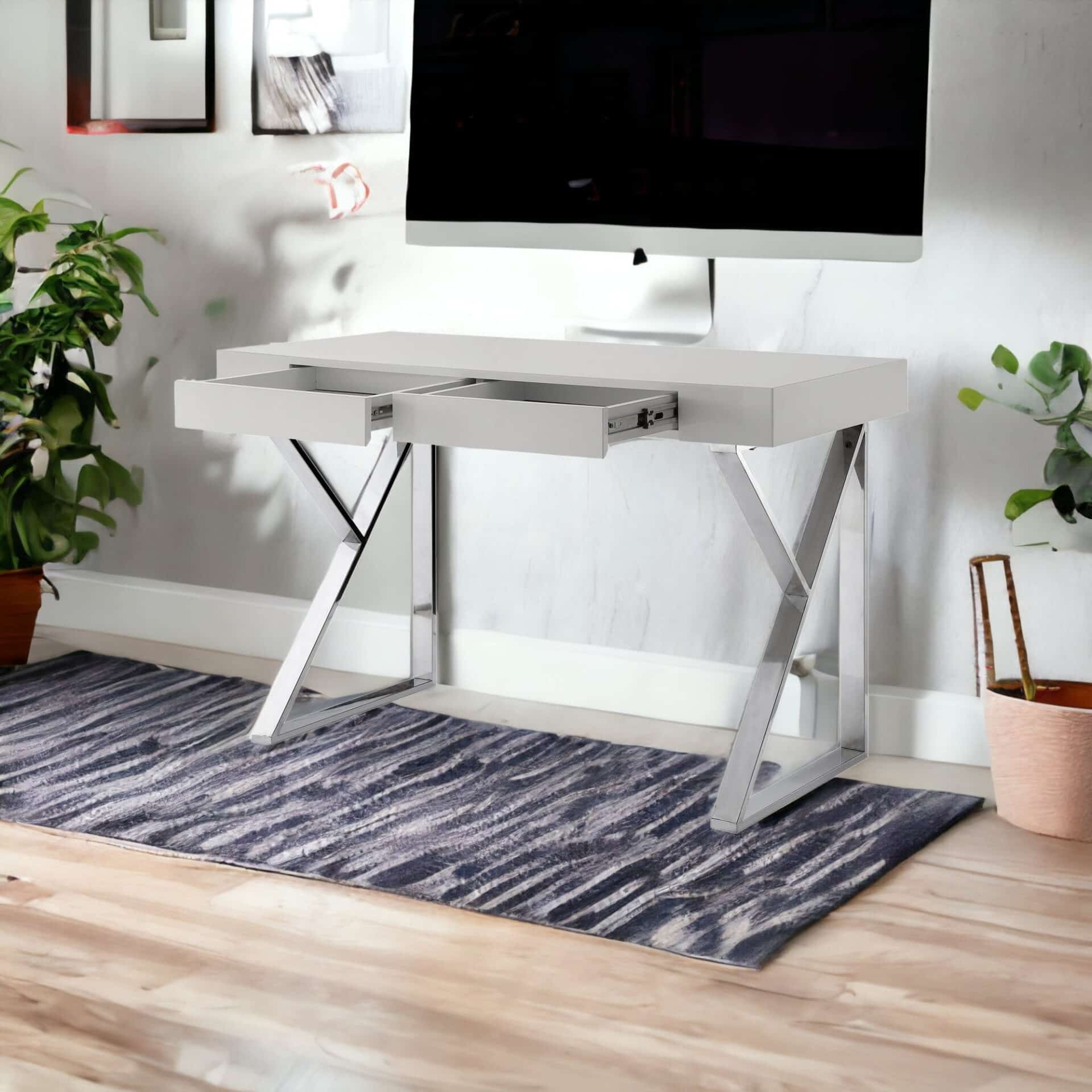 Light Gray and Silver Writing Desk With Drawers 48 Inch 2 Light Gray and Silver Writing Desk With Drawers 48 Inch - Image 2