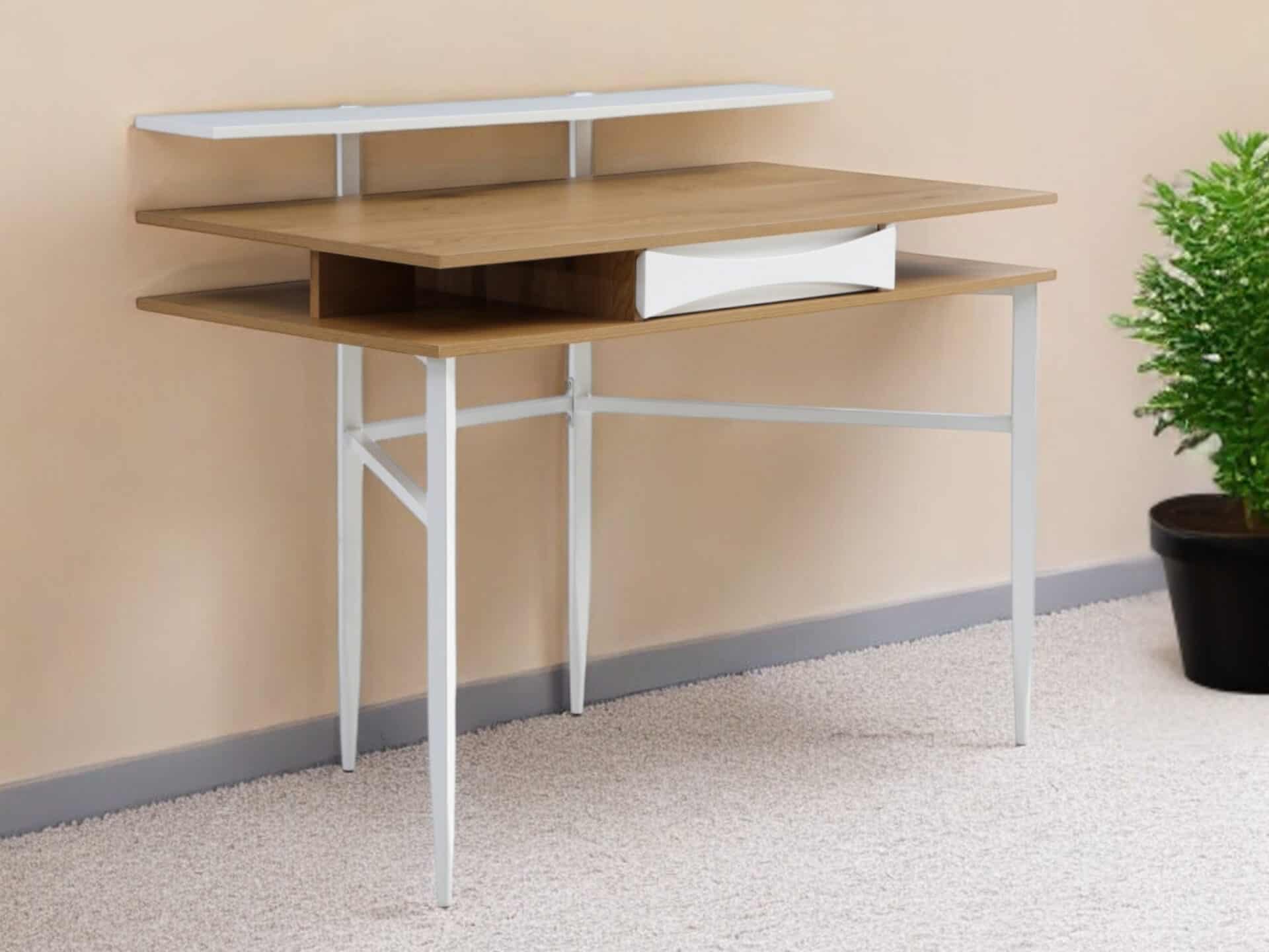 Classic Natural and White Writing Desk with Drawer and Metal Base 1 Classic Natural and White Writing Desk with Drawer and Metal Base