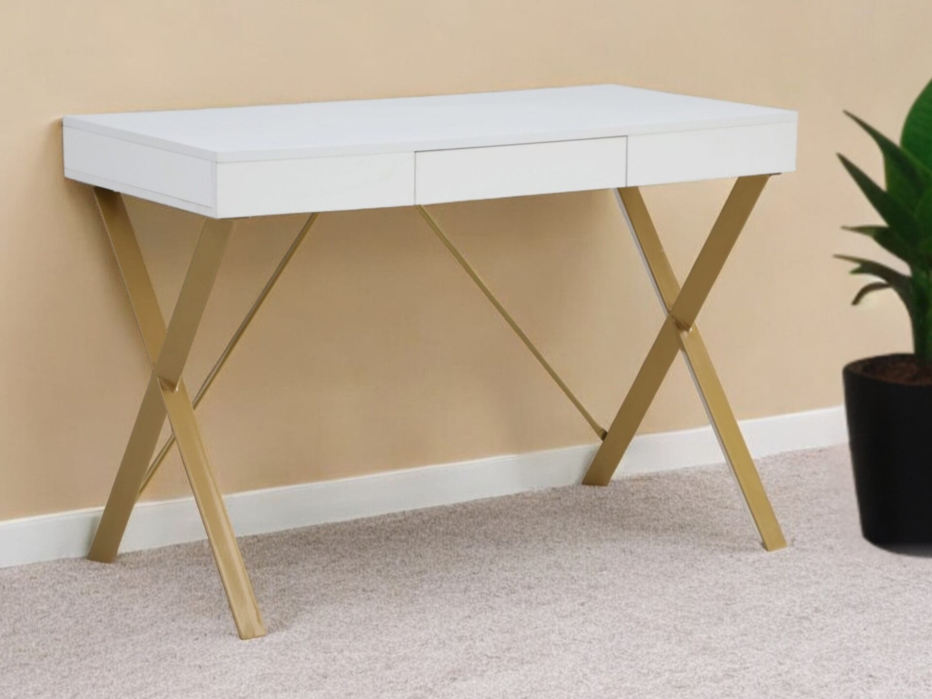 White and Gold Writing Desk with Drawer and Metal Base 2 White and Gold Writing Desk with Drawer and Metal Base - Image 2