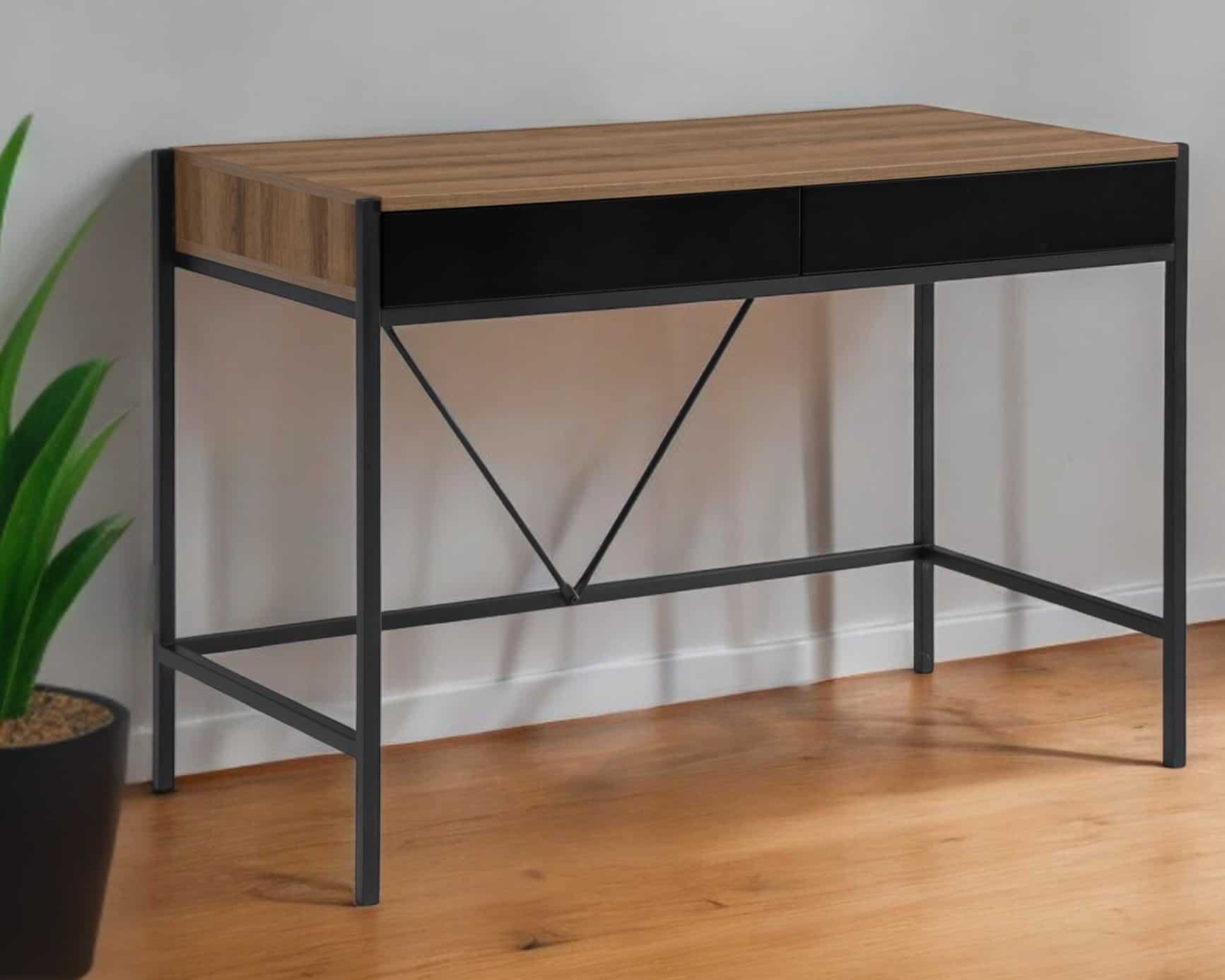 Wood Brown and Black Writing Desk With Two Drawers 43-Inch 1 Wood Brown and Black Writing Desk With Two Drawers 43-Inch