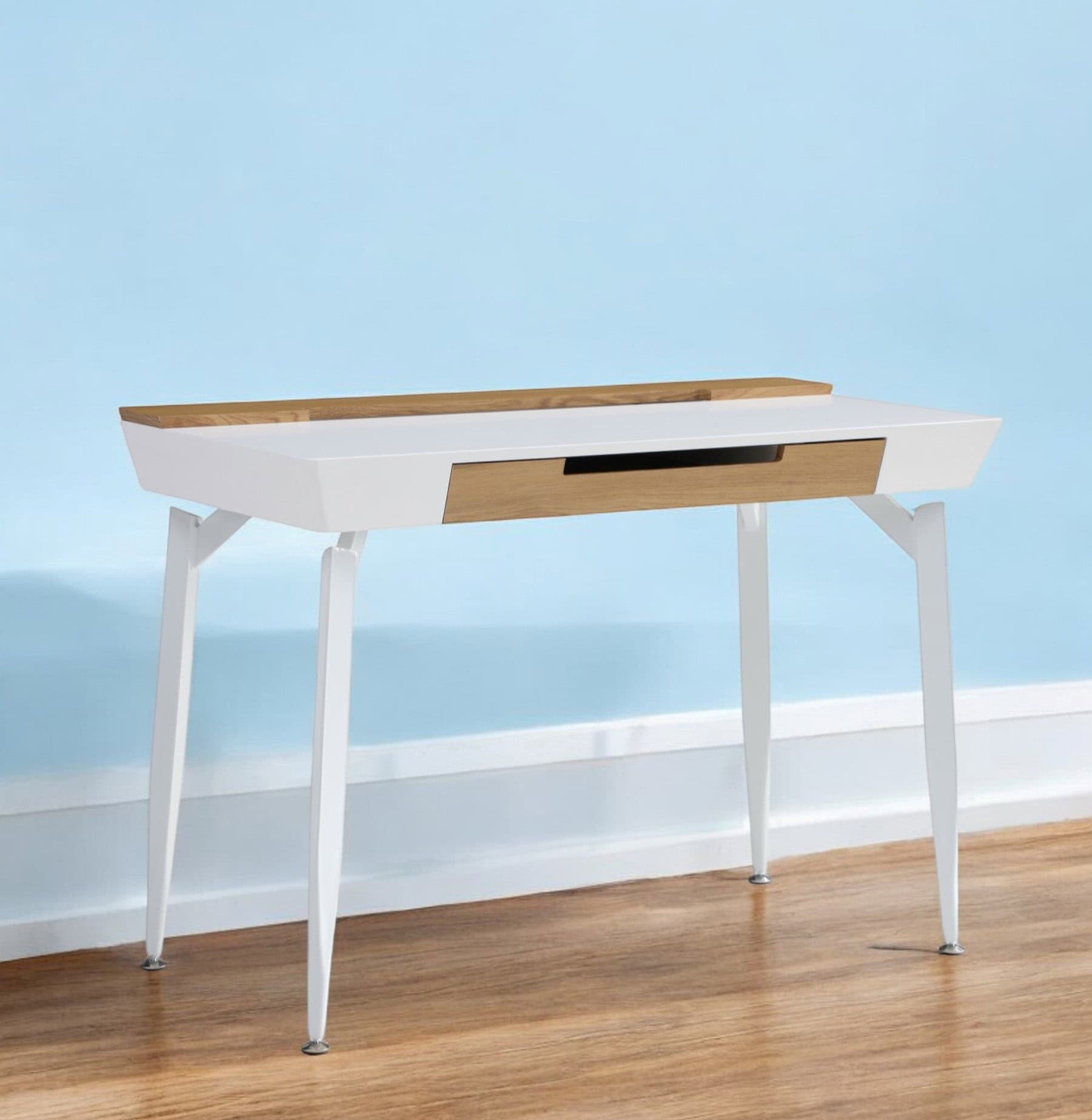 White and Natural Writing Desk With Three Drawers 44 Inch 2 White and Natural Writing Desk With Three Drawers 44 Inch - Image 2