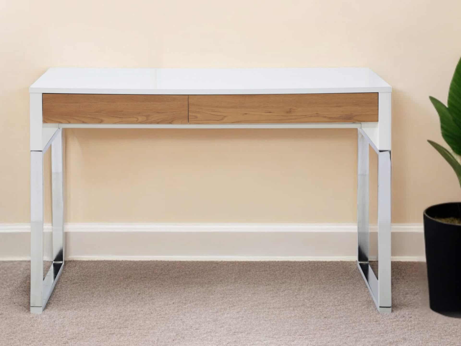 47 Inch White and Silver Writing Desk With Two Drawers 1 47 Inch White and Silver Writing Desk With Two Drawers