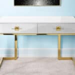 White and Gold Writing Desk With Drawers and Stainless Steel Base 7 White and Gold Writing Desk With Drawers and Stainless Steel Base
