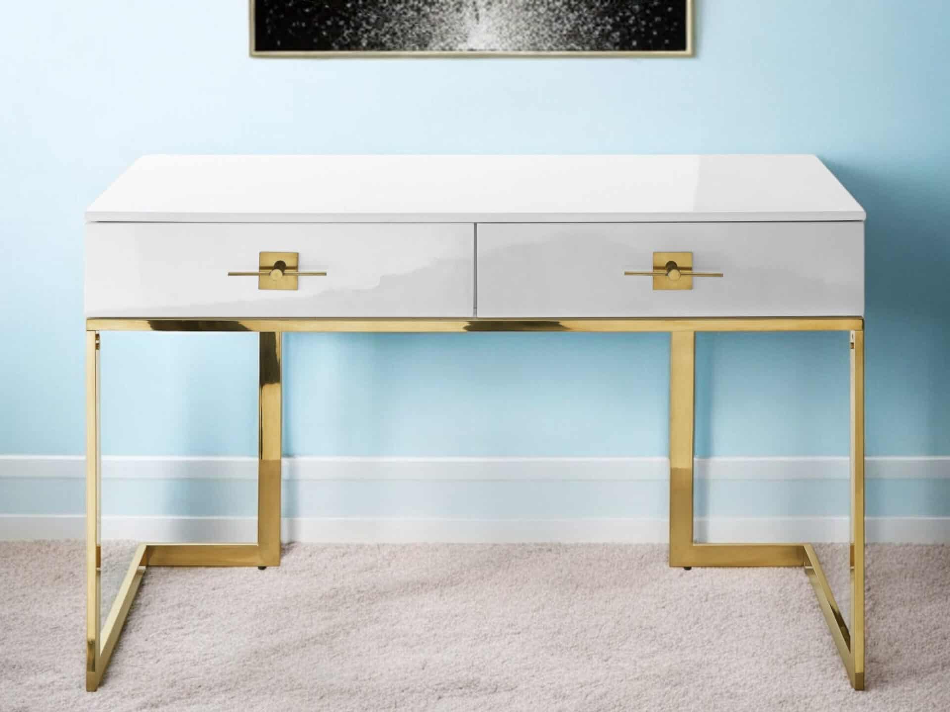 White and Gold Writing Desk With Drawers and Stainless Steel Base 1 White and Gold Writing Desk With Drawers and Stainless Steel Base