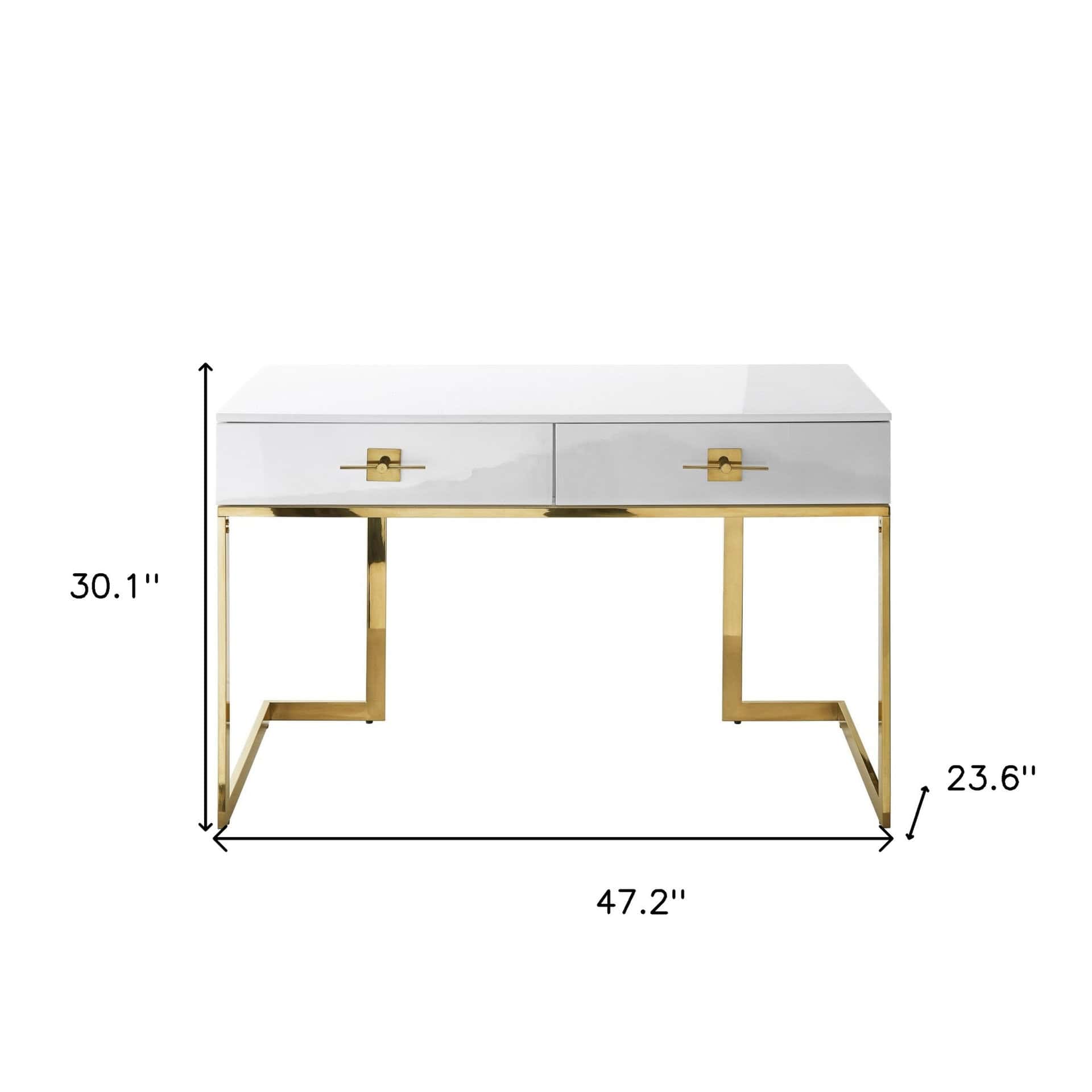 White and Gold Writing Desk With Drawers and Stainless Steel Base 12 White and Gold Writing Desk With Drawers and Stainless Steel Base