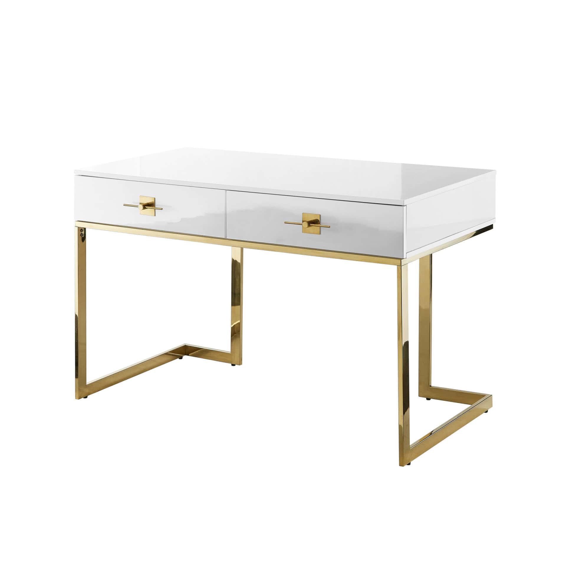 White and Gold Writing Desk With Drawers and Stainless Steel Base 9 White and Gold Writing Desk With Drawers and Stainless Steel Base