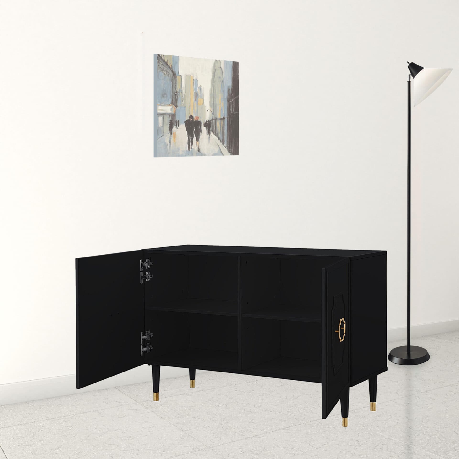 Modern Black Sideboard with Gold Accents and Shelves 2 Modern Black Sideboard with Gold Accents and Shelves - Image 2