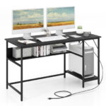 55 Inch Computer Desk with Charging Station and Storage Shelf