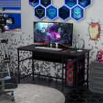 55 Inch Computer Desk with Charging Station and Storage Shelf