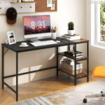 55 Inch Industrial Writing Desk with Storage Shelves and Tower Space