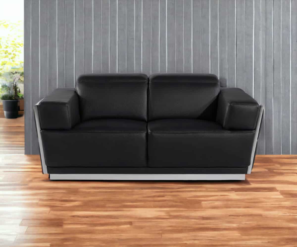 Black and Silver Italian Leather Loveseat with Square Arms 1 Black and Silver Italian Leather Loveseat with Square Arms