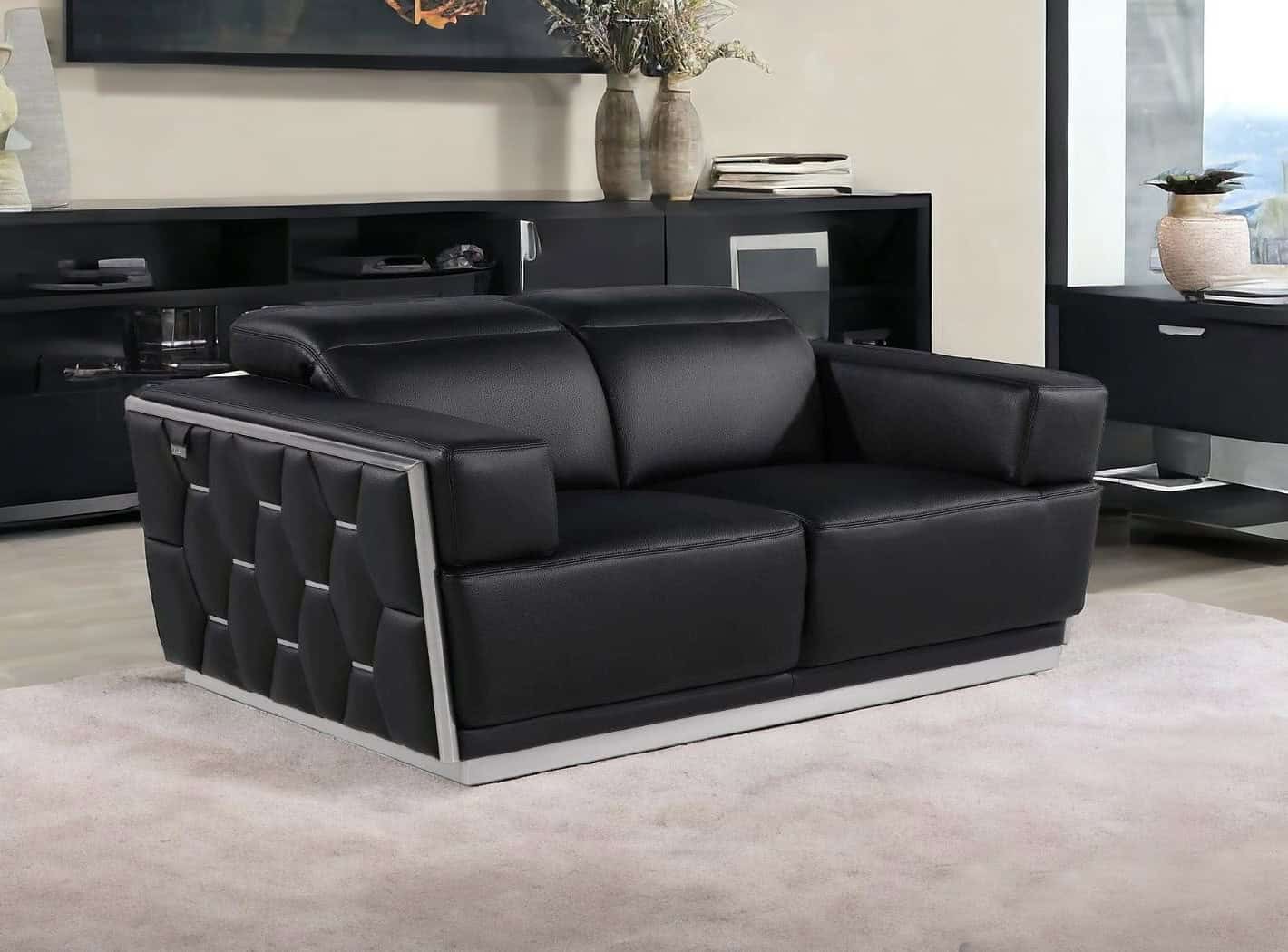 Black and Silver Italian Leather Loveseat with Square Arms 3 Black and Silver Italian Leather Loveseat with Square Arms - Image 3