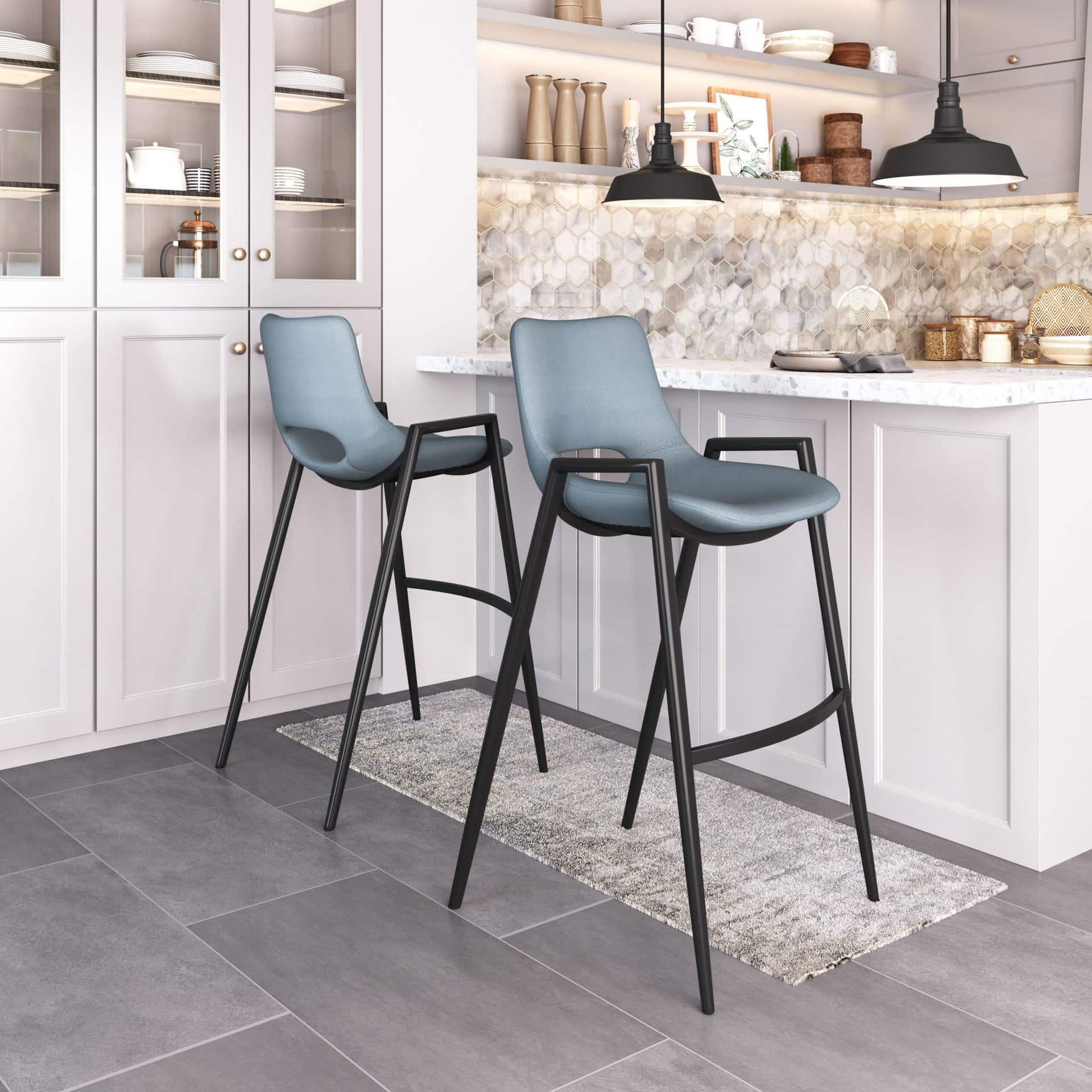 Mid-Century Modern Faux Leather Barstools with Armrest and Footrest (Set of 2)
