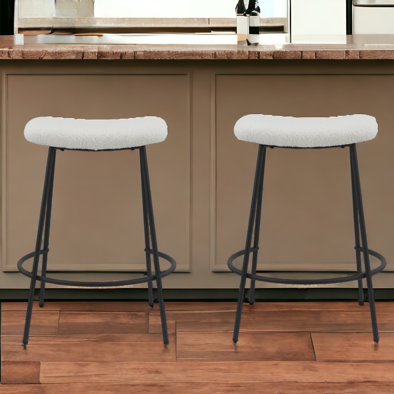 26 Inch White Faux Sherpa Backless Bar Stools (Set of 2) 1 26 Inch White Faux Sherpa Backless Bar Stools (Set of 2)