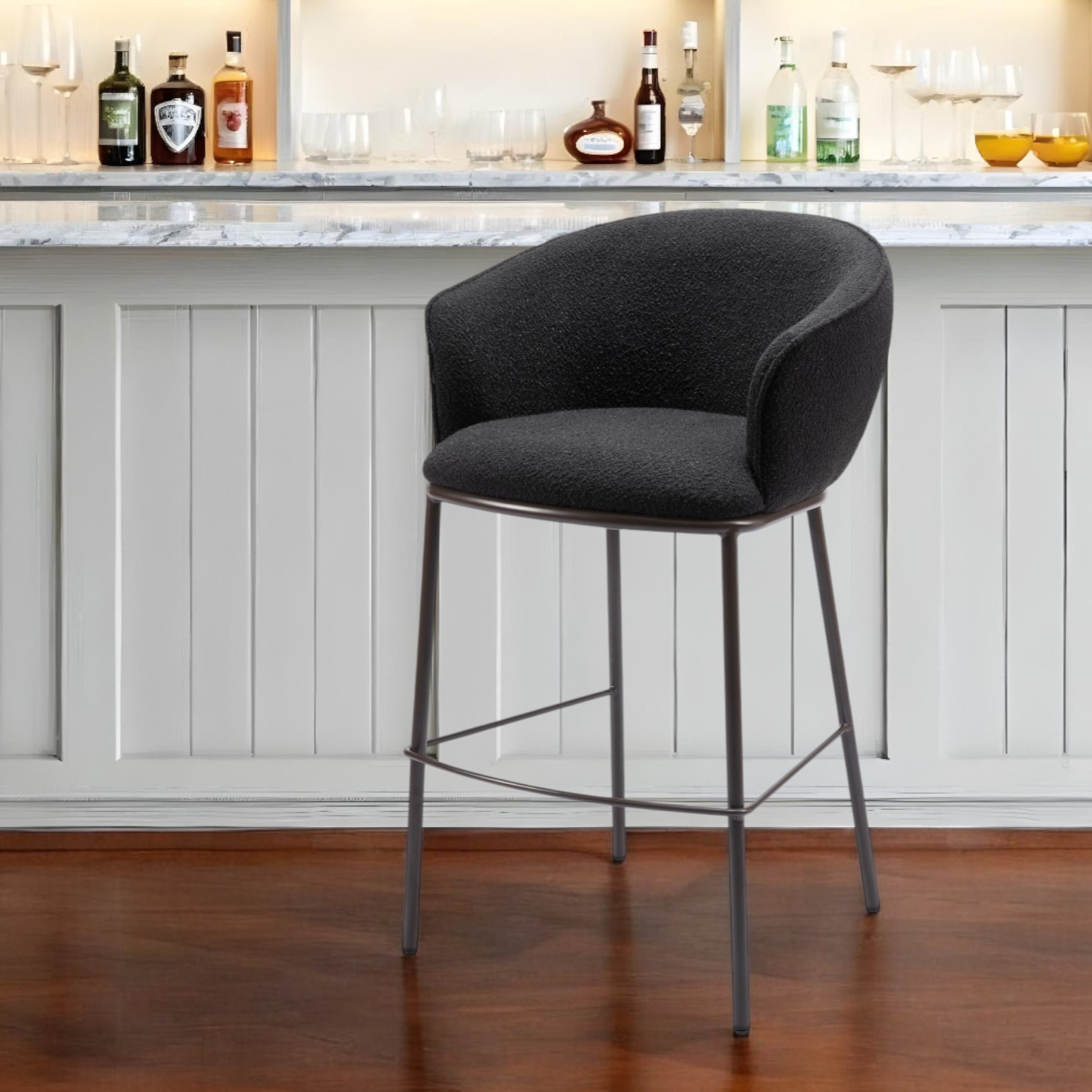 30 Inch Black Shearling and Bronze Steel Bar Stool 1 30 Inch Black Shearling and Bronze Steel Bar Stool